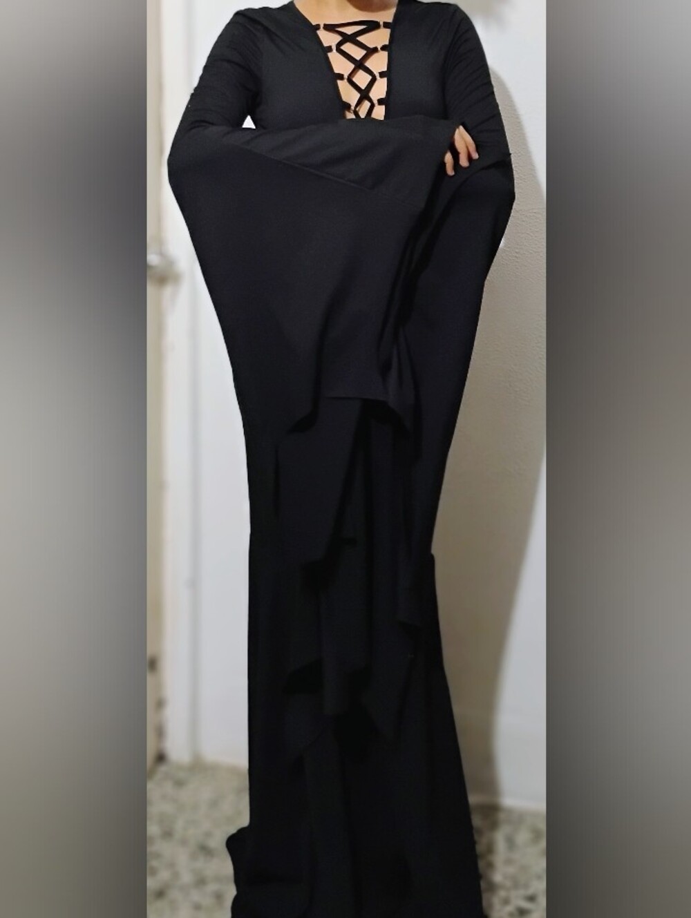 Black Long-Sleeve Maxi Dress with Crisscross Neckline